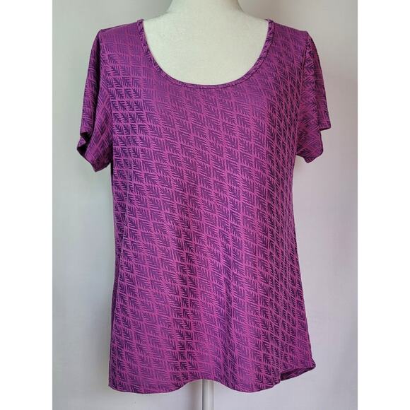 LuLaRoe Tops - LuLaRoe Purple Feathers Short Sleeve Tunic Top Women's Size Large High-Low Hem